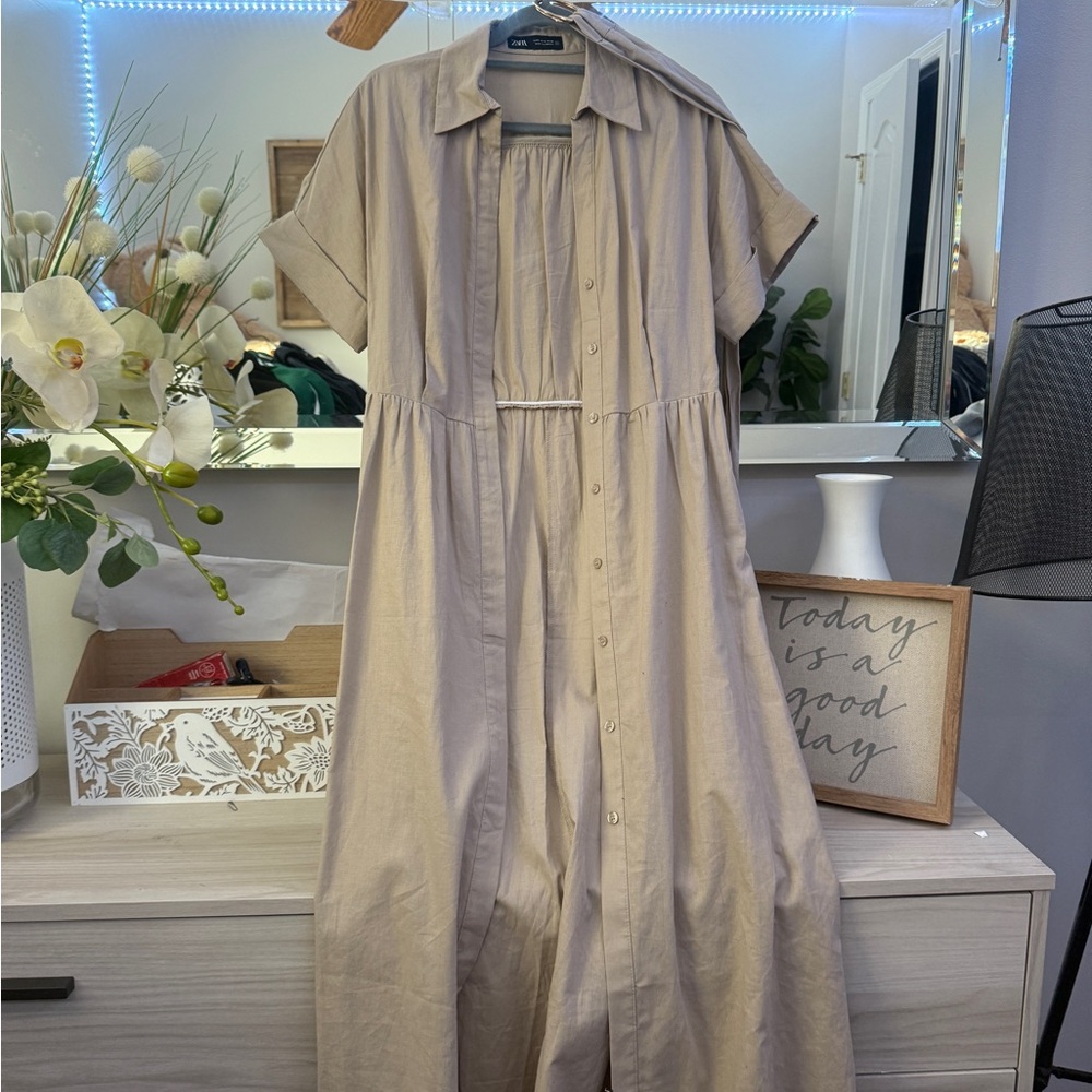 Zara Taupe Button-Front Maxi Dress